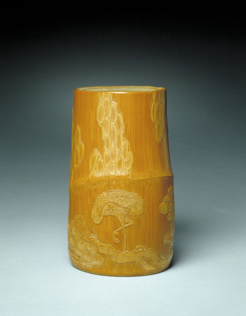 图片[1]-Bamboo brush holder with pine and crane patterns-China Archive